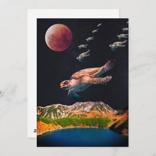 Bewerkbare surrealistische schildpadden vliegen in feestdagenkaart (Voorkant / Achterkant)