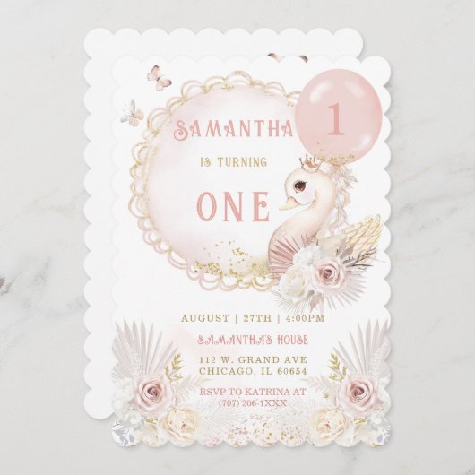 BEWERKBARE Swan Eerste Verjaardag Sjabloon Kaart (Voorkant / Achterkant)