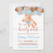 Bewerkbare Teddy Bear Baby shower Invitation Blue Kaart (Voorkant)