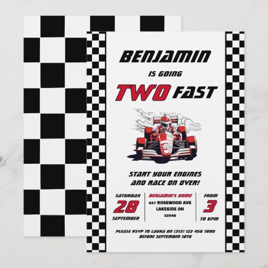 Bewerkbare twee Fast Racing Car verjaardagsfeestje Kaart (Voorkant / Achterkant)