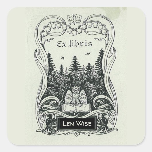 Bewerkbare Uil Book Forest Bookplate Vierkante Sticker (Voorkant)