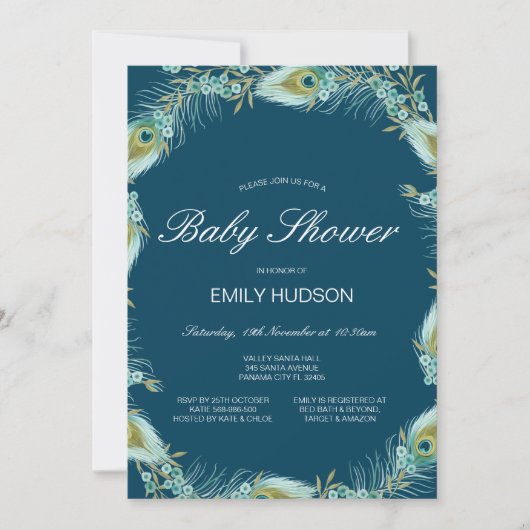 Bewerkbare uitnodiging voor pauw thema baby shower (Voorkant)