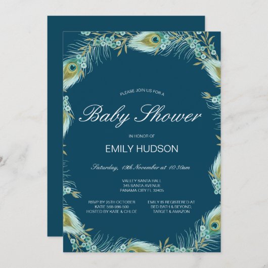 Bewerkbare uitnodiging voor pauw thema baby shower (Voorkant / Achterkant)