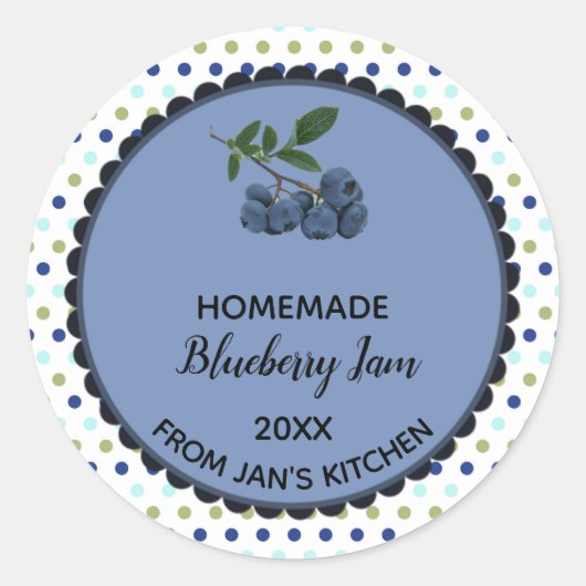 Bewerkbare veelkleurige Polk Dot Blueberry Jam Ronde Sticker (Voorkant)