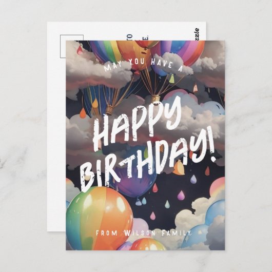 Bewerkbare verjaardag regenboog ballons groet briefkaart (Voorkant / Achterkant)