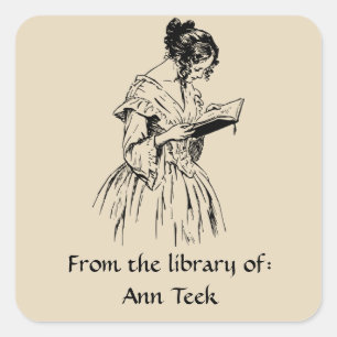 Bewerkbare Victoriaans Lady Reading Bookplate Vierkante Sticker