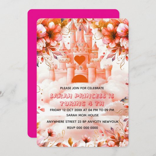 Bewerkbare Vier ooit een Princess 4th Birthday Inv Kaart (Voorkant / Achterkant)