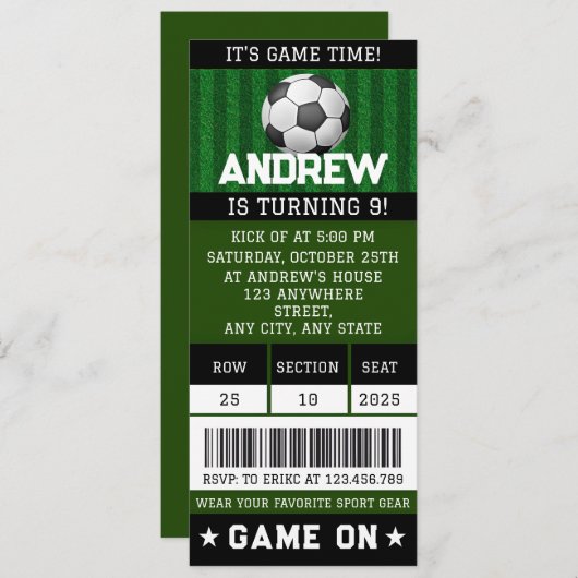 Bewerkbare Voetbalticket Verjaardagsfeest Benodigd Kaart (Voorkant / Achterkant)