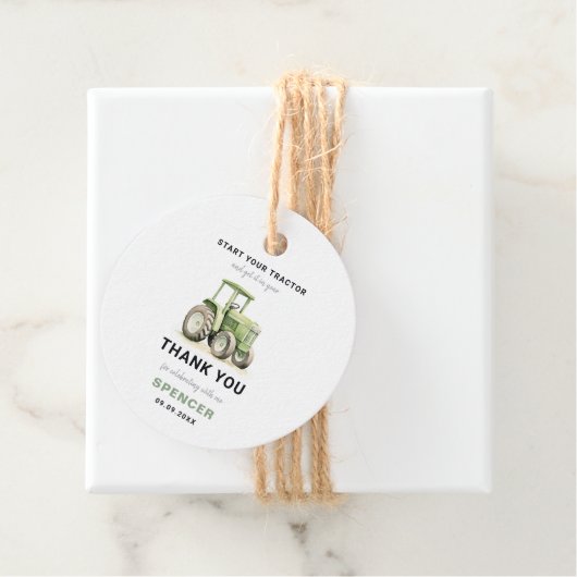 Bewerkbare Watergekleurde Groene Tractor Verjaarda Bedankjes Labels (In situ)