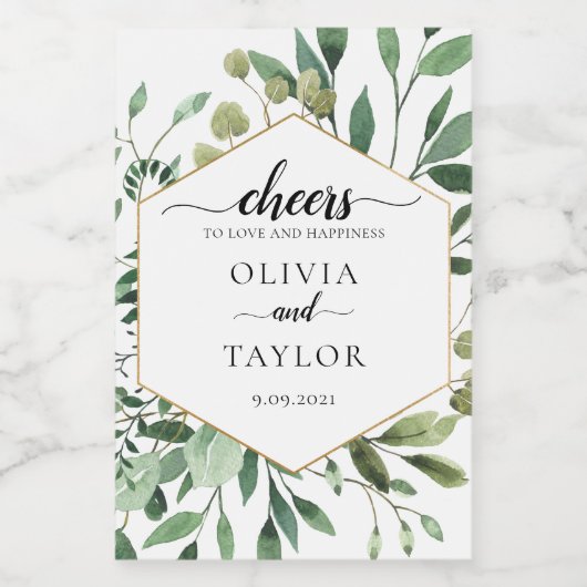 Bewerkbare Waterverf Greenery Proost op Love Wine  Wijn Etiket (Enkel label)