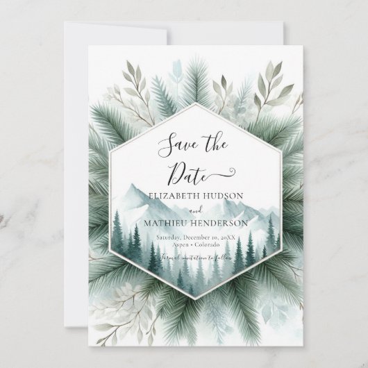 Bewerkbare Waterverf Mountain Wedding Save The Date (Voorkant)