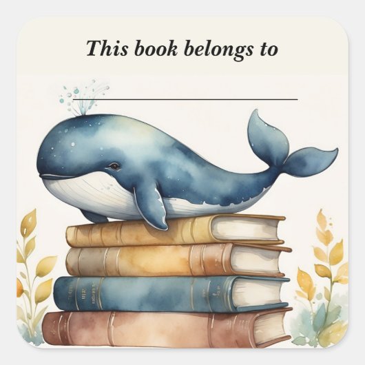 Bewerkbare Whale en Boeken Bookplate Sticker (Voorkant)