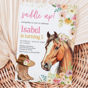 Bewerkbare Zadel Up Pink Horse CowGirl Verjaardag Kaart