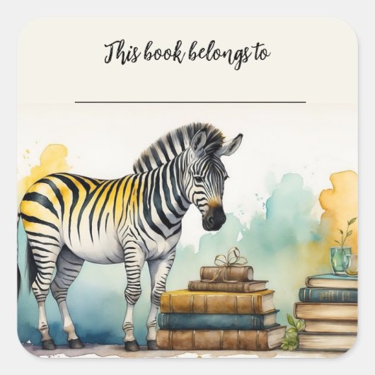 Bewerkbare zebra en boeken boekplaat sticker (Voorkant)