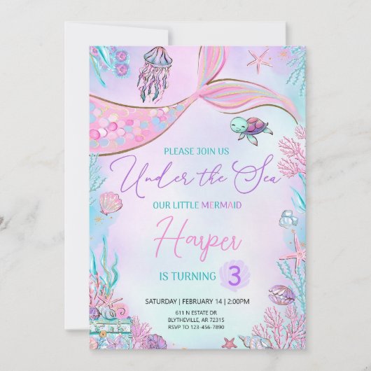 Bewerkbare zeemeermin verjaardagsuitnodiging onder kaart (Voorkant)
