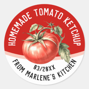 Bewerkbare zelfgemaakte tomaat ketchup met rode to ronde sticker