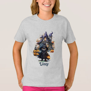Bewerkbare zwarte kat heks pompoen jeugd halloween t-shirt
