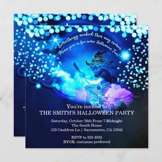 Bewitching Flying Witch Halloween Party Uitnodigin Kaart (Voorkant / Achterkant)