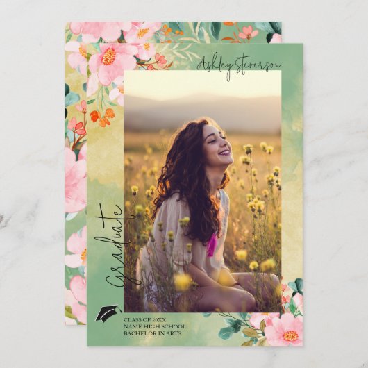 Bewn roze waterverf floraal botanisch afstuderen aankondiging (Voorkant / Achterkant)