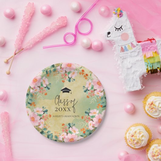 Bewn roze waterverf floraal botanisch afstuderen papieren bordje (Feest)