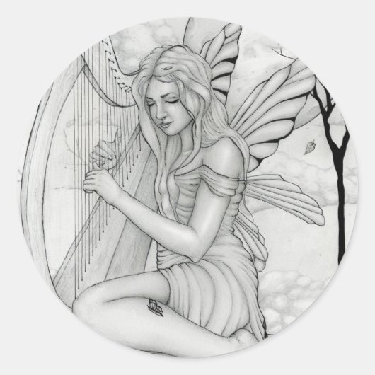 Beyond Time - fee met harp Ronde Sticker (Voorkant)