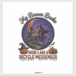Bezem Gebroken Fiets Koerier Heks Halloween Maan Sticker