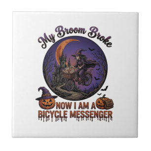 Bezem Gebroken Fiets Koerier Heks Halloween Maan Tegeltje