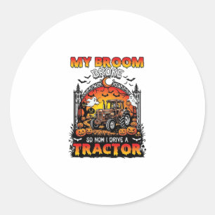 Bezem Gebroken Tractor Halloween Heks Geesten_1 Ronde Sticker