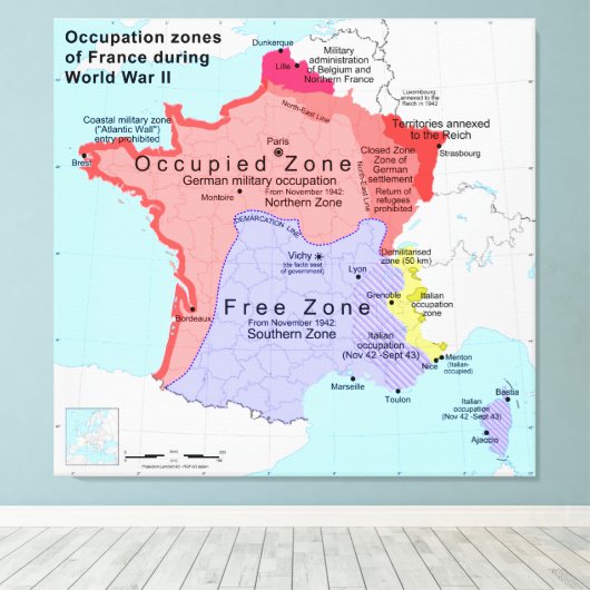 Bezettingsgebieden van Frankrijk tijdens de Tweede Canvas Afdruk (Insitu (Houten vloer))
