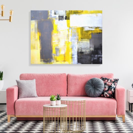 'Bezig, bezige' grijze en gele Abstracte kunst Canvas Afdruk (Insitu (Woonkamer))