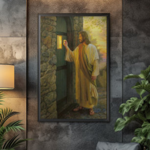 Bezoek bij zonsopgang Jezus Klop op een rustieke d Canvas Afdruk