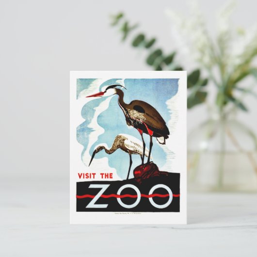 Bezoek de dierentuin, de herons, retro WPA Briefkaart (Staand voorkant)