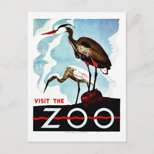 Bezoek de dierentuin, de herons, retro WPA Briefkaart (Voorkant)