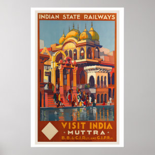 Bezoek India Indiase Staatsspoorwegen Oude Reis Poster