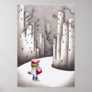 Bezorger op een besneeuwde weg. poster