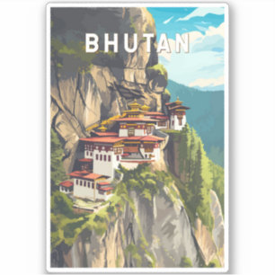 Bhutan Illustration Travel Art Vintage Sticker