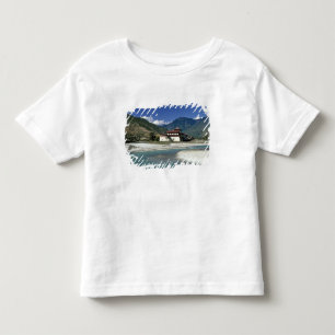Bhutan, Punaka. De Mo Chhu rivier stroomt langs Kinder Shirts