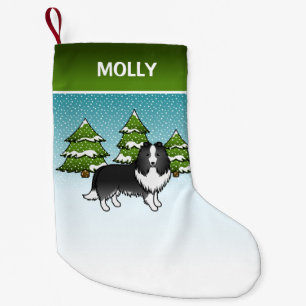 Bi-Black Sheltie Cartoon Hond In Winter & Naam Kleine Kerstsok