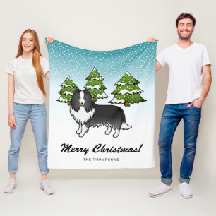 Bi-Black Sheltie Cartoon Hond In Winter & Tekst Fleece Deken