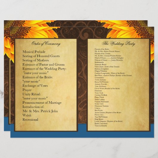Bi Fold Blue Sunflower Wedding Ceremony Programma (Voorkant / Achterkant)
