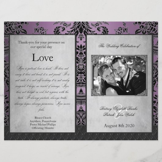 Bi Fold Paars Damask Wedding Ceremony Programma's (Achterkant)
