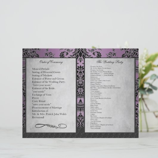 Bi Fold Paars Damask Wedding Ceremony Programma's (Staand voorkant)
