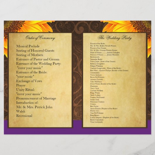 Bi Fold Paars Sunflower Wedding Ceremony Programma (Voorkant)