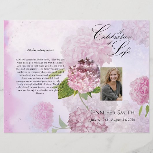 Bi-Fold Pink Hydrangeas Funeral Programme Flyer (Voorkant)