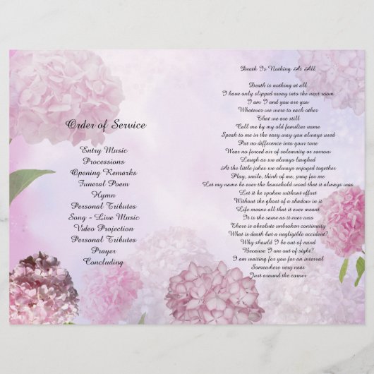 Bi-Fold Pink Hydrangeas Funeral Programme Flyer (Achterkant)