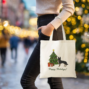 Bi-zwarte Duitse herder en groene kerstboom Tote Bag
