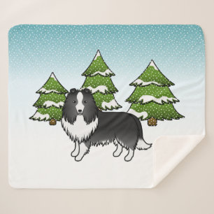 Bi-zwarte Shetland Sheepdog in een winterbos Sherpa Deken