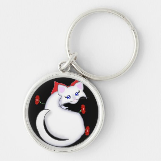 Bianca Toon Kat met Red Flowers Sleutelhanger (Voorkant)