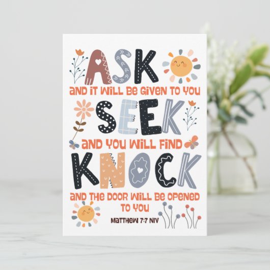 Bible de carte d'écriture Matthieu 7:7 (Debout devant)
