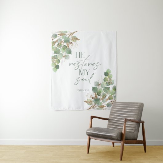 Bible Verse Verdure Il restaure mon âme Tapisserie (En situation)